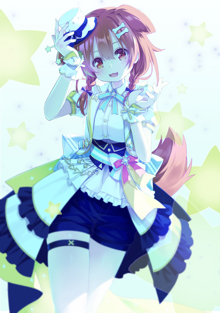 1girl 54hao animal_ears arm_up blue_bow blue_shorts bone_hair_ornament bow braid brown_eyes brown_hair cartoon_bone collared_shirt dog_ears dog_girl dog_tail dress_shirt frilled_jacket frills grey_background hair_bow hair_ornament hair_over_shoulder highres hololive inugami_korone jacket low_twintails open_clothes open_jacket puffy_short_sleeves puffy_sleeves shirt short_shorts short_sleeves shorts solo starry_background tail tilted_headwear twin_braids twintails virtual_youtuber white_headwear white_jacket white_shirt wrist_cuffs