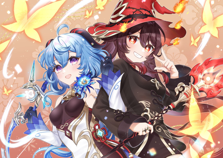 2girls ahoge amos'_bow_(genshin_impact) artifact_(genshin_impact) bangs bare_shoulders bell black_gloves black_nails black_pantyhose blue_flower blue_hair blush bow_(weapon) breasts brown_coat brown_hair bug butterfly chinese_knot coat coattails collared_coat detached_sleeves flower flower-shaped_pupils flower_knot ganyu_(genshin_impact) genshin_impact gloves gold_trim highres holding holding_bow_(weapon) holding_weapon horns hu_tao_(genshin_impact) jewelry long_hair looking_at_viewer medium_breasts multiple_girls multiple_rings neck_bell open_mouth pantyhose plum_blossoms red_eyes red_headwear ring short_shorts shorts sidelocks small_breasts smile staff_of_homa_(genshin_impact) symbol-shaped_pupils tateko25wiz twintails upper_body violet_eyes vision_(genshin_impact) weapon white_sleeves