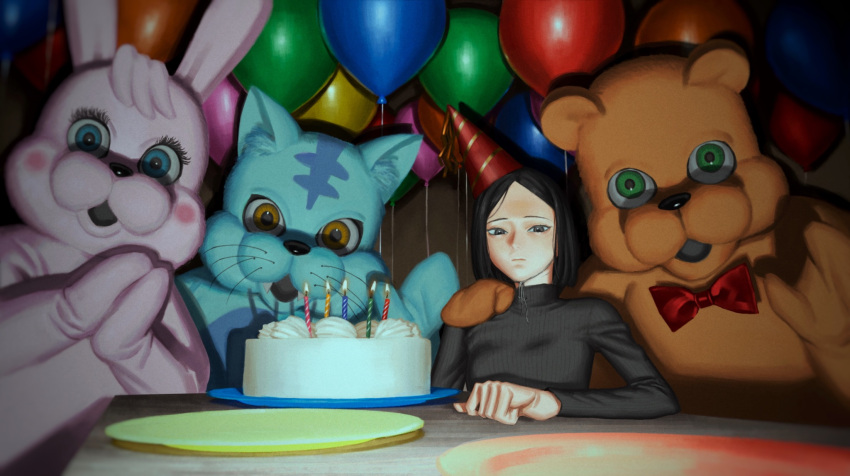 1girl 3others animal_costume bad_hands balloon bear_costume birthday_cake black_hair cake candle cat_costume food grey_shirt hat highres indoors kondate_(inugrm) looking_at_viewer multiple_others original party_hat plate rabbit_costume shirt short_hair sitting table turtleneck