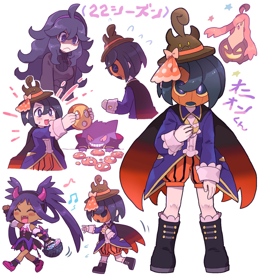 1boy 2girls @_@ ahoge allister_(fall_2022)_(pokemon) allister_(pokemon) basket brown_headwear candy chiimako closed_eyes dark-skinned_female dark_skin dress fake_horns fake_tail fake_wings fangs flying_sweatdrops food gengar gourgeist hex_maniac_(pokemon) highres horns iris_(fall_2022)_(pokemon) iris_(pokemon) lollipop mask multiple_girls multiple_views musical_note notice_lines official_alternate_costume open_mouth pokemon pokemon_(creature) pokemon_(game) pokemon_masters_ex pokemon_xy purple_dress purple_hair standing star_(symbol) tail teeth wings