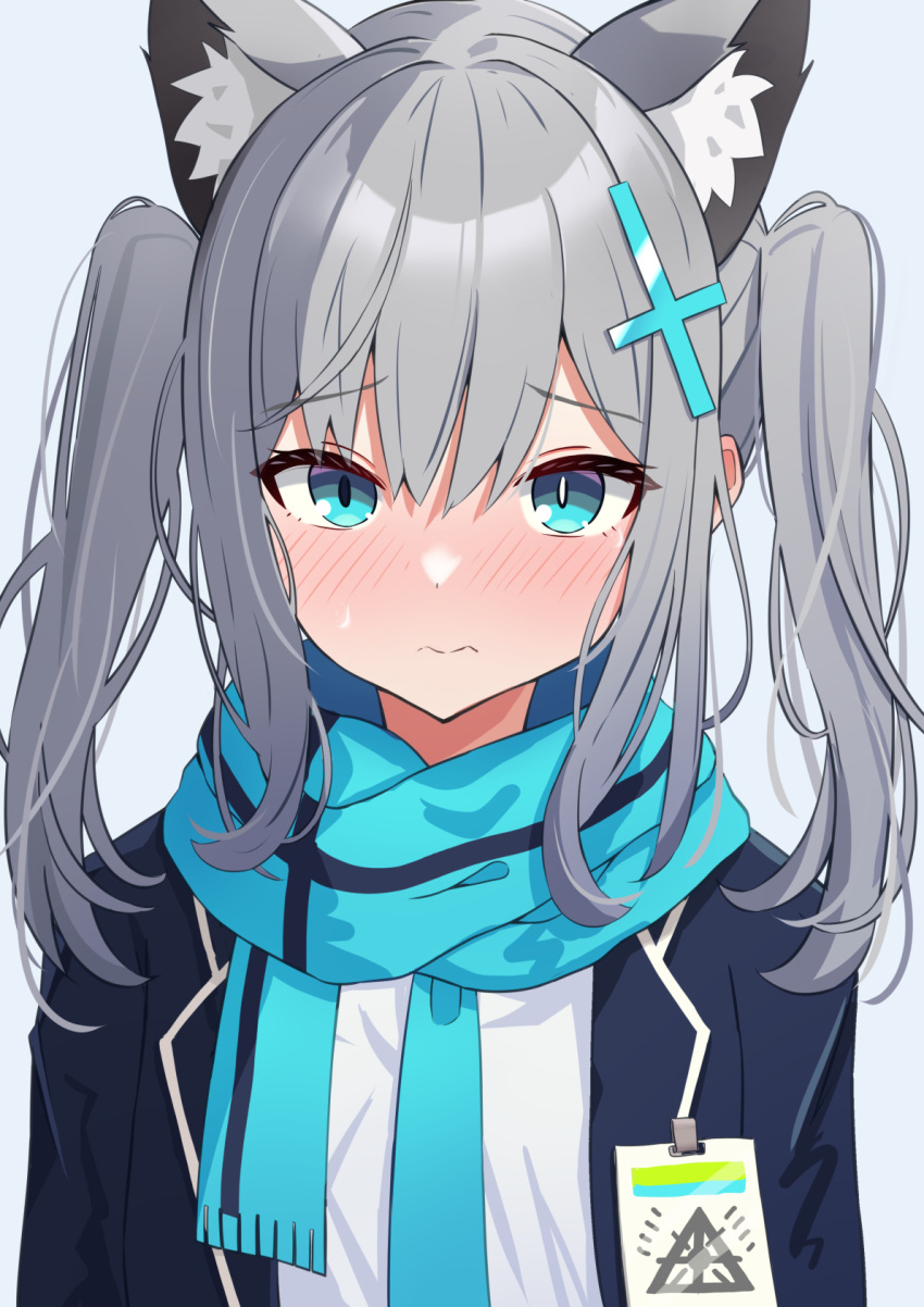 1girl alternate_hairstyle amenocchi animal_ear_fluff animal_ears bangs blue_archive blue_eyes blue_jacket blue_scarf blush closed_mouth commentary cross_hair_ornament embarrassed grey_hair hair_between_eyes hair_ornament highres jacket looking_at_viewer open_clothes open_jacket scarf shiroko_(blue_archive) shirt simple_background solo straight-on twintails upper_body white_background white_shirt