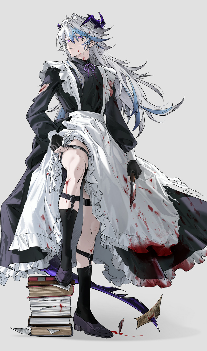 1boy absurdres arknights bishounen blood blood_on_clothes blood_on_face blue_hair book full_body highres kaninn long_hair maid male_focus multicolored_hair purple_ribbon puzzle_(arknights) ribbon shoes short_hair simple_background solo streaked_hair tail thigh-highs thighs violet_eyes white_background white_hair