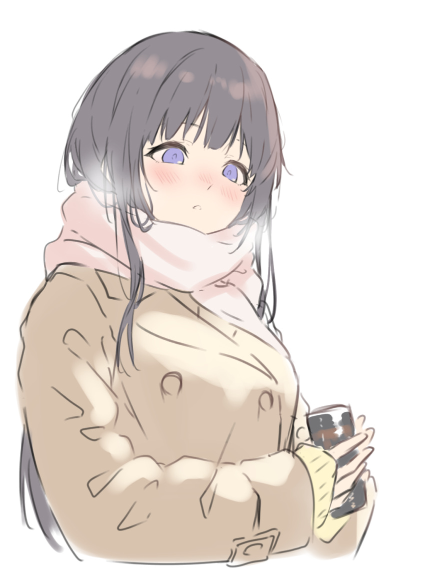 1girl bang_dream! black_hair blush breath can canned_coffee coat highres long_hair scarf shirokane_rinko sketch solo sou_(user_hgyh8775) upper_body violet_eyes winter_clothes