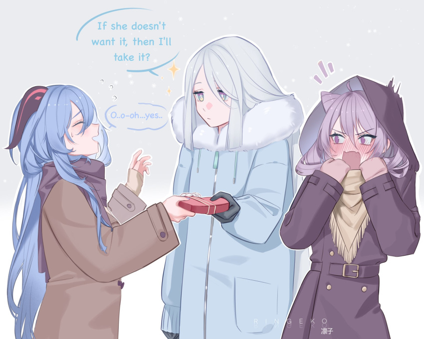 3girls black_gloves blue_coat blue_eyes blue_hair blush box brown_coat closed_eyes coat cone_hair_bun english_text full-face_blush fur-trimmed_coat fur_trim ganyu_(genshin_impact) genshin_impact gloves grey_hair hair_bun heart-shaped_box highres holding holding_box hood hood_up hooded_coat horns keqing_(genshin_impact) long_sleeves looking_at_another multiple_girls notice_lines open_mouth purple_coat purple_hair purple_scarf ringeko-chan scarf shenhe_(genshin_impact) v-shaped_eyebrows violet_eyes yellow_scarf
