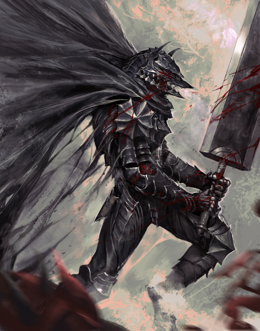 1boy armor berserk berserker_armor bfs black_armor black_cape blood blood_on_arm blood_on_face blood_on_weapon blood_splatter cape dragonslayer_(sword) fantasy greatsword guts_(berserk) helm helmet highres holding holding_sword holding_weapon huge_weapon junjiuk sword two-handed two-handed_sword weapon