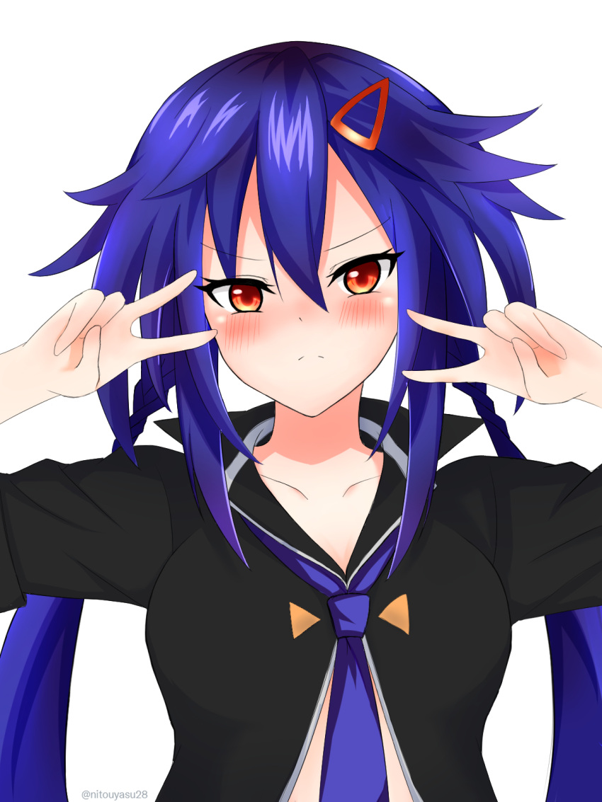1girl alternate_eye_color ankokuboshi_kurome black_shirt blue_hair blue_necktie blush braid breasts collared_shirt double_v english_commentary frown hair_between_eyes hair_ornament hairclip hands_up happy_birthday highres long_hair looking_at_viewer medium_breasts midriff necktie neptune_(series) nitoya no_bodystocking open_clothes open_shirt orange_eyes red_eyes shin_jigen_game_neptune_vii shirt solo twin_braids twintails upper_body v v_over_eye very_long_hair