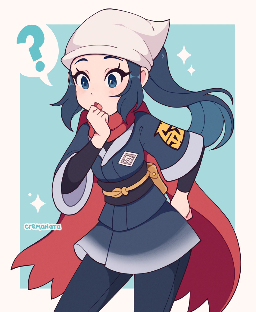 1girl ? absurdres akari_(pokemon) blue_eyes blue_hair border cape clenched_hands cremanata hand_on_hip highres long_hair looking_at_viewer navy_pants open_mouth pokemon pokemon_(game) pokemon_legends:_arceus red_cape white_border