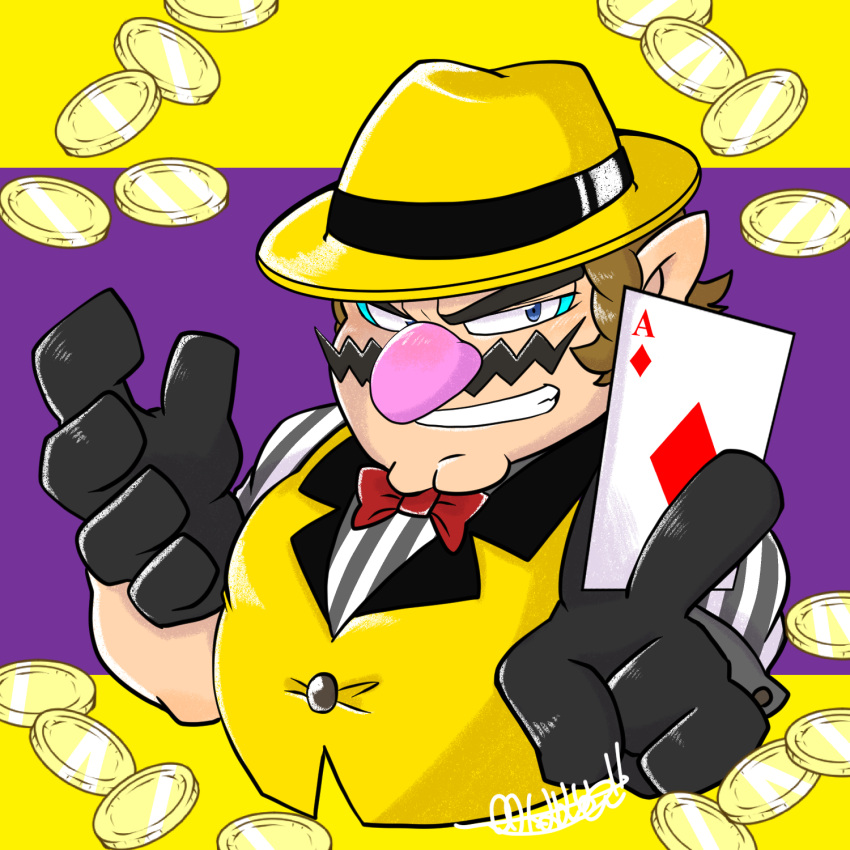 1boy ace_of_diamonds black_gloves blue_eyes bow bowtie brown_hair buttons card cleft_chin coin commentary_request cropped_torso diamond_(shape) facial_hair fedora gloves grey_shirt grin hands_up hat highres holding holding_card lapels looking_at_viewer male_focus multicolored_clothes mustache omu_(sinsindan) playing_card pointy_ears purple_background red_bow red_bowtie shirt short_hair short_sleeves simple_background smile solo striped striped_shirt teeth thick_eyebrows two-tone_background two-tone_shirt upper_body v-shaped_eyebrows vertical-striped_shirt vertical_stripes vest wario warioware white_shirt yellow_background yellow_headwear yellow_vest