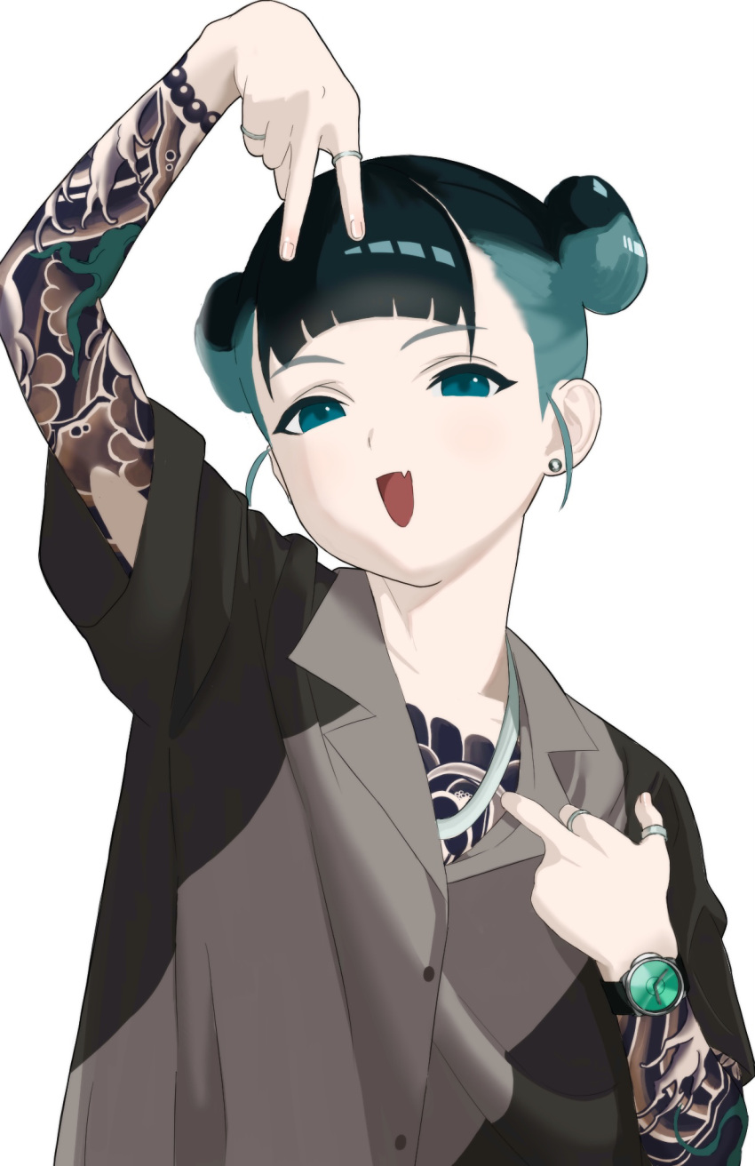 1girl aqua_eyes aqua_hair arm_tattoo arm_up bangs black_shirt blunt_bangs buttons chest_tattoo collared_shirt double_bun earrings fang fingernails full-body_tattoo grey_shirt hair_bun highres hiroto_(x0adg) inward_v irezumi jewelry looking_at_viewer loose_clothes loose_shirt multicolored_hair multiple_rings necklace open_mouth original ring shirt short_hair short_sleeves simple_background skin_fang solo tattoo two-tone_hair two-tone_shirt upper_body watch watch white_background
