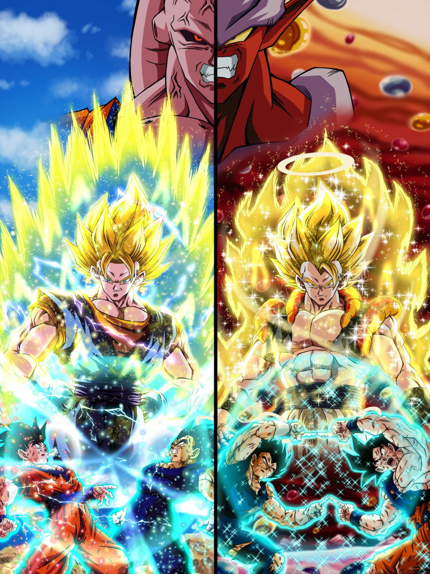 6+boys abs absurdres angry aura black_eyes black_hair black_sclera blonde_hair blue_sky clenched_teeth clouds colored_sclera commentary_request dragon_ball dragon_ball_z earrings electricity frown furrowed_brow fusion_dance gloves gogeta green_eyes halo hands_on_hips highres hiro_(udkod1ezlyi2flo) janemba jewelry majin_buu male_focus metamoran_vest multiple_boys muscular muscular_male open_mouth pointy_ears potara_earrings red_eyes serious sky smile son_goku sparkle split_screen super_buu super_saiyan super_saiyan_1 super_saiyan_2 teeth torn_clothes vegeta vegetto white_gloves