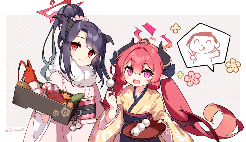 1boy 2girls :d ahoge arona's_sensei_doodle_(blue_archive) bangs black_hair black_hakama blue_archive blush brown_kimono closed_mouth commentary_request dango fang flower food food_on_face fuuka_(blue_archive) fuuka_(new_year)_(blue_archive) grey_background hair_between_eyes hair_bun hair_flower hair_ornament hakama hakama_skirt halo highres holding holding_tray horns japanese_clothes junko_(blue_archive) kimono low_twintails multiple_girls obi parted_bangs pink_flower pointy_ears redhead saru sash sensei_(blue_archive) skirt smile tray twintails twitter_username violet_eyes wagashi white_kimono