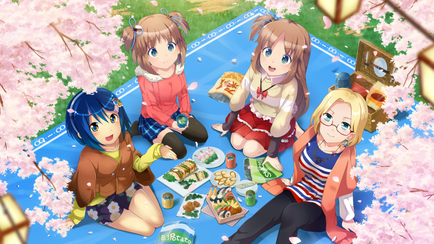 4girls :d absurdres artist_request black_pants black_thighhighs blanket blonde_hair blouse blue_eyes blue_hair blue_hairband blue_skirt blush breasts brochette brown_hair cherry_blossoms claudia_madobe clover_hair_ornament cup earrings food four-leaf_clover_hair_ornament glasses grass hair_ornament hair_ribbon hairband hanami highres holding holding_cup jewelry kitchen_knife lamp long_hair looking_at_viewer madobe_ai madobe_nanami madobe_yuu medium_breasts microsoft microsoft_windows multicolored_eyes multiple_girls necklace official_art official_wallpaper open_mouth os-tan outdoors pants personification picnic picnic_basket pink_sweater plate red_skirt ribbon salad sandwich shirt short_hair siblings side_ponytail single_earring sisters sitting skirt small_breasts smile sushi sweater thermos thigh-highs tree windows_7 windows_8 windows_azure yellow_sweater