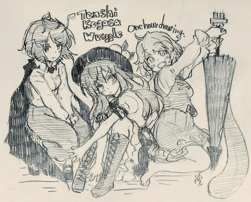 3girls :d antennae bangs barefoot boots cape carbohydrate_(asta4282) character_name commentary_request cross-laced_clothes cross-laced_footwear english_text food fruit full_body greyscale hat highres hinanawi_tenshi holding holding_umbrella karakasa_obake leaf long_hair long_sleeves looking_at_viewer monochrome multiple_girls one-hour_drawing_challenge open_mouth peach shirt short_hair short_sleeves shorts sitting skirt smile tatara_kogasa tongue touhou traditional_media umbrella vest wriggle_nightbug