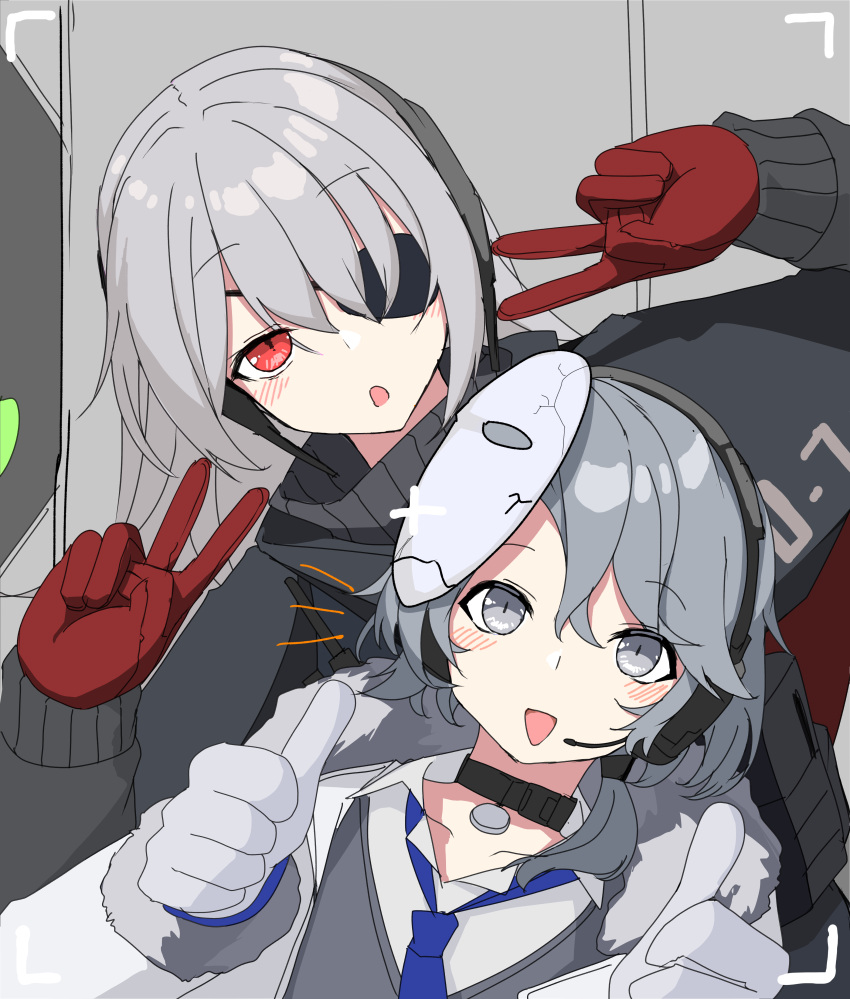 1boy 1girl absurdres bangs blue_necktie blush collar collarbone damaged double_v ear_protection evelyn_(girls'_frontline_nc) eyepatch fur-trimmed_hood fur-trimmed_sleeves fur_trim girls'_frontline_neural_cloud gloves grey_eyes grey_hair headset highres hood jacket long_hair looking_at_viewer magazine_(weapon) mask mask_on_head necktie open_mouth red_eyes red_gloves short_hair simo_(girls'_frontline_nc) smile thumbs_up v viewfinder yanagui