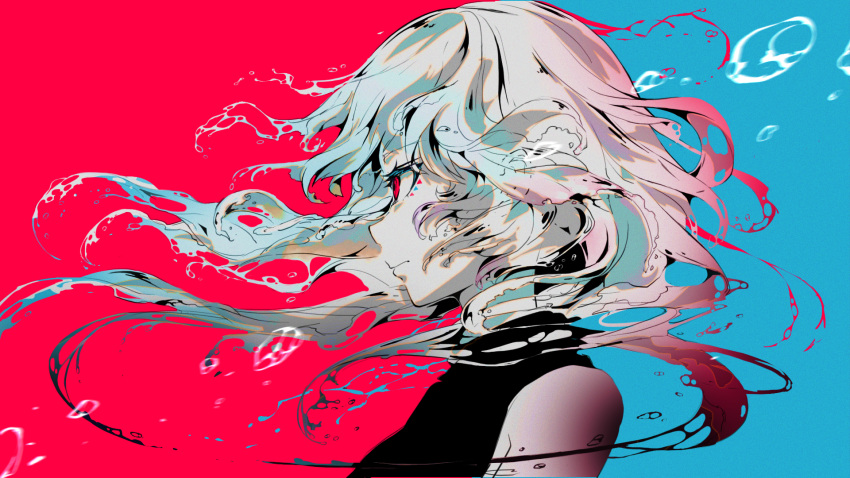 1girl bare_shoulders black_shirt blue_background floating_hair highres original red_background red_eyes sanamisa shirt solo triangle two-tone_background white_hair