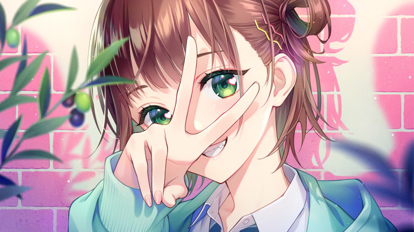 1girl :d brick_wall brown_hair fingernails green_eyes grin hair_ornament hair_rings hairclip heart heart_in_eye highres koyama_rikako long_fingernails long_sleeves looking_at_viewer olive original parted_lips short_hair smile solo symbol_in_eye teeth upper_body v_over_eye wing_collar