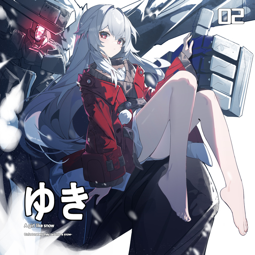 1girl absurdres bangs belt brown_belt brown_sweater character_request check_character clara_(honkai:_star_rail) english_text grey_hair highres honkai:_star_rail honkai_(series) jacket knees_up long_hair looking_at_viewer open_clothes open_jacket qtian red_eyes red_jacket robot shorts sidelocks sitting solo sweater white_shorts