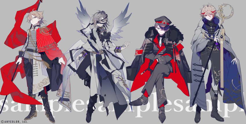 4boys aiguillette angel_wings belt black_belt black_coat black_footwear black_headwear black_jacket black_pants black_shirt black_tunic blonde_hair boots brown_eyes brown_hair cane cape coat coat_on_shoulders collared_shirt cross-laced_footwear crossed_legs earrings epaulettes expressionless flag full_body fur-trimmed_coat fur_trim fushimi_gaku gloves grey_background grey_cloak grey_eyes grey_jacket grey_pants grey_robe grey_shirt hand_on_own_arm hat highres holding holding_cane holding_flag holding_staff invisible_chair jacket jewelry kagami_hayato kanae_(nijisanji) lace-up_boots light_smile long_hair looking_at_viewer low_ponytail male_focus mochizuki_kei mole mole_under_eye multicolored_hair multicolored_shirt multiple_boys necktie nijisanji official_art pants peaked_cap red_cape red_eyes red_gloves red_socks redhead robe sample_watermark seraph_dazzlegarden shirt shoes short_hair short_ponytail shoulder_cape simple_background sitting sleeve_cuffs sleeves_past_wrists socks staff standing streaked_hair stud_earrings sun_symbol the_chariot_(tarot) the_magician_(tarot) the_sun_(tarot) the_world_(tarot) tunic two-sided_fabric virtual_youtuber waist_cape white_necktie wings
