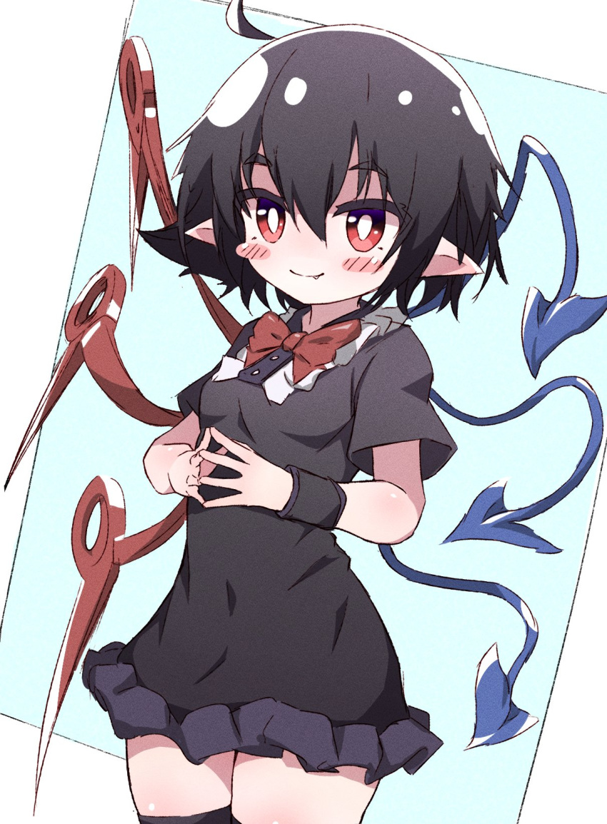 1girl ahoge asymmetrical_wings bangs black_dress black_hair black_thighhighs blue_background blue_wings bright_pupils closed_mouth cowboy_shot dress fang highres houjuu_nue looking_at_viewer mr.turtle_head one-hour_drawing_challenge own_hands_together pointy_ears red_eyes red_wings short_hair short_sleeves smile solo standing thigh-highs touhou white_pupils wings wristband