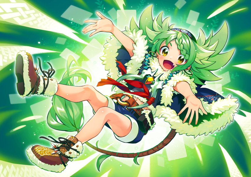 1girl :d absurdres bangs belt blush boots braid braided_bangs capelet churin_(dual_masters_play's) duel_masters duel_masters_play's earrings fang fur-trimmed_boots fur-trimmed_capelet fur-trimmed_shorts fur_trim green_hair highres hoop_earrings jewelry long_hair midriff navel necklace nishida_yuu o-ring_belt open_mouth outstretched_arms short_eyebrows shorts smile solo spiky_hair tail thick_eyebrows yellow_eyes