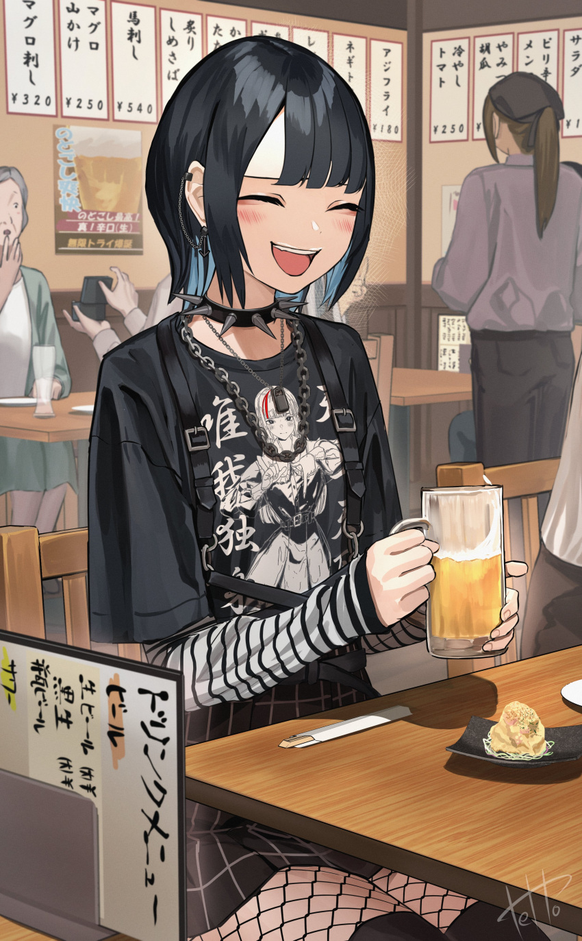 2boys 3girls :d absurdres alcohol beer beer_glass black_pants black_shirt black_skirt black_thighhighs blush buta5813 chain_necklace chair checkered_clothes checkered_skirt chopsticks closed_eyes collar commentary_request cup douryou_(buta5813) drinking_glass earpiece earrings eyebrows_hidden_by_hair fishnet_pantyhose fishnets food grey_skirt hand_to_own_mouth happy head_tilt highres holding holding_cup indoors jewelry layered_sleeves leather_strap long_sleeves loose_clothes loose_shirt medium_hair menu miniskirt multiple_boys multiple_girls necklace on_chair original pants pantyhose plate print_shirt proposal ring_box shirt short_over_long_sleeves short_sleeves sidelocks sitting skirt sleeves_past_wrists smile solo spiked_collar spikes strap striped_sleeves table teeth thigh-highs upper_teeth_only white_shirt