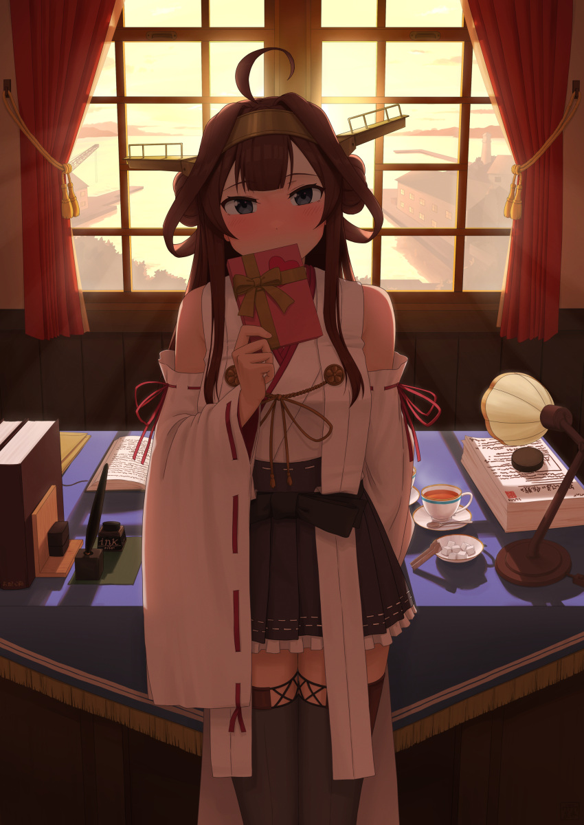 1girl absurdres ahoge blush book boots box brown_hair crane_(machine) cup desk_lamp detached_sleeves double_bun frilled_skirt frills gift gift_box grey_eyes hair_bun hairband headgear highres holding holding_box holding_gift indoors japanese_clothes kantai_collection kongou_(kancolle) kongou_kai_ni_(kancolle) lamp long_hair looking_at_viewer nontraditional_miko ribbon-trimmed_sleeves ribbon_trim saucer skirt solo standing sugar_cube table tea teacup teapot thigh_boots tsuyu_shigure valentine wide_sleeves window