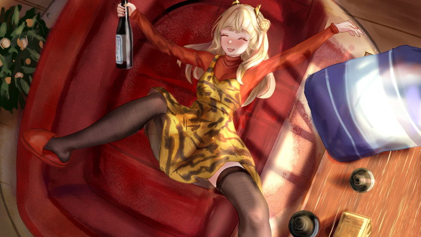 1girl absurdres animal_print black_thighhighs bottle closed_eyes commentary couch double_bun dress drunk fake_horns hair_bun highres holding holding_bottle horns indoors kantai_collection light_brown_hair long_hair long_sleeves lying official_alternate_costume om10 on_back on_couch oni_horns print_dress print_hairband ranger_(kancolle) red_footwear red_sweater revision slippers solo spread_legs sweater thigh-highs tiger_print