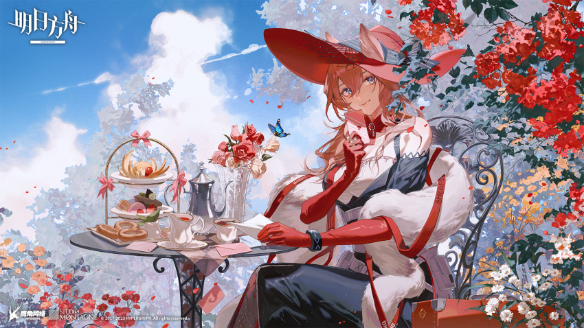 1girl animal_ears arknights black_dress blue_eyes blue_sky bow bug butterfly cake cup dress flower food gloves heidi_(arknights) highres jewelry letter looking_at_viewer official_art red_gloves red_headwear redhead ring sky teacup teapot