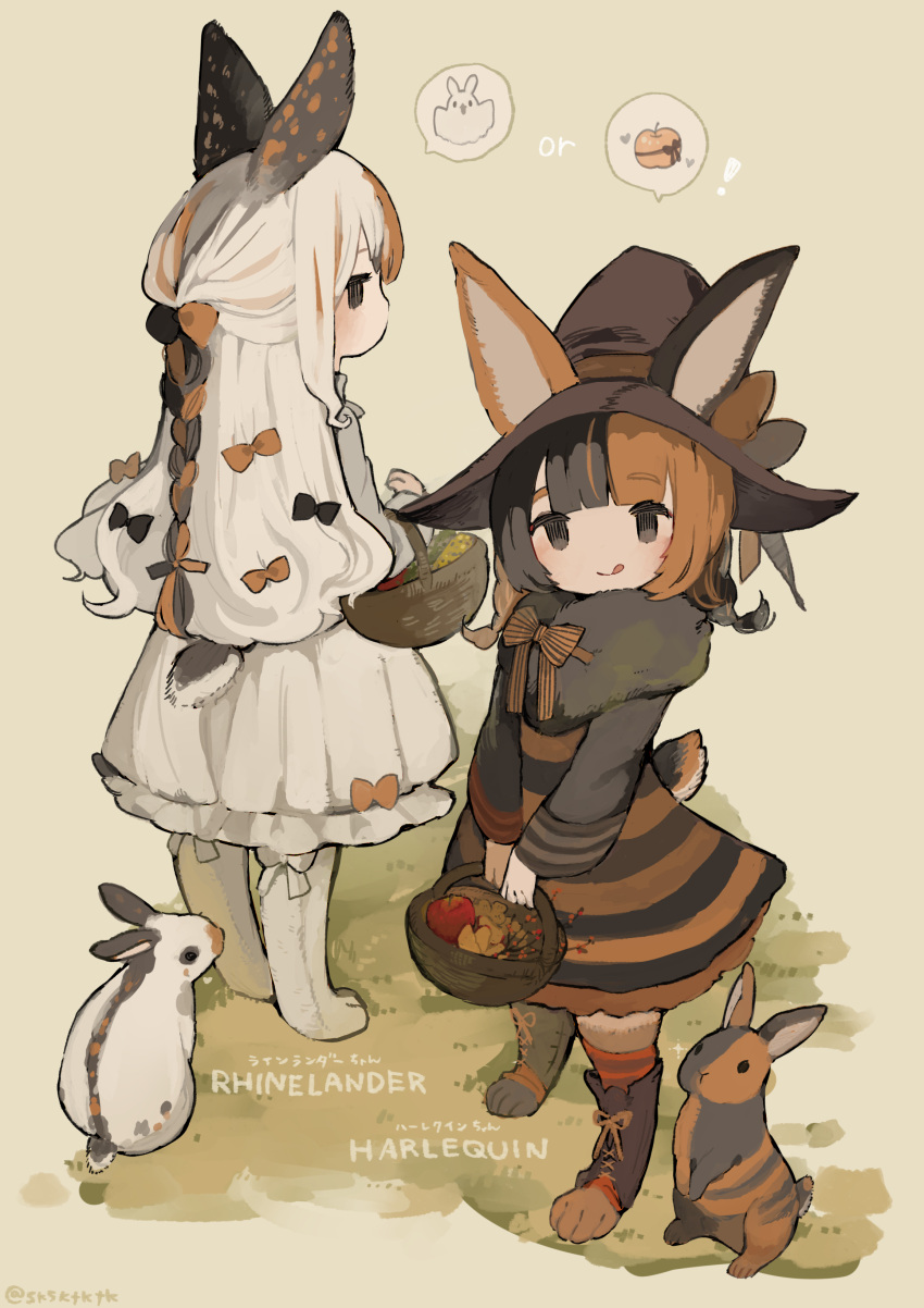 2girls :q absurdres animal animal_ears apple bangs basket black_bow bow commentary_request dress english_text food fruit fur_trim ghost grey_eyes hair_bow halloween hat highres holding holding_basket light_blush long_hair looking_at_viewer mixed-language_text multicolored_hair multiple_girls orange_bow original personification rabbit rabbit_ears rabbit_girl rabbit_tail sakutake_(ue3sayu) short_twintails sidelocks split-color_hair striped striped_bow tail toeless_footwear tongue tongue_out twintails two-tone_hair witch_hat