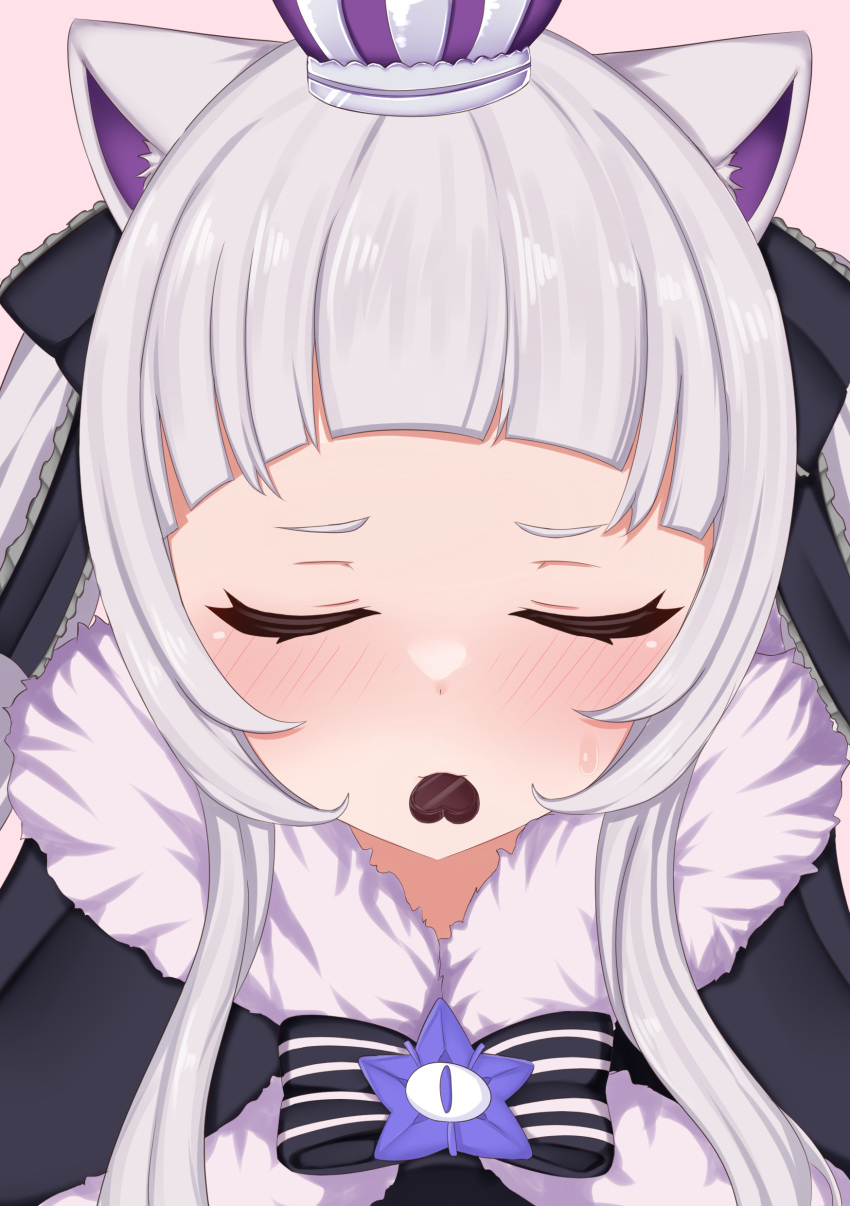 1girl absurdres akaki_tsubasa animal_ear_fluff animal_ears black_bow black_cloak blush bow candy cat_ears chocolate cloak closed_eyes commentary_request crown facing_viewer food food_in_mouth forehead fur-trimmed_cloak fur_trim grey_hair hair_bow heart heart-shaped_chocolate highres hololive long_hair mini_crown mouth_hold murasaki_shion pink_background short_eyebrows simple_background solo sweat twintails upper_body valentine virtual_youtuber