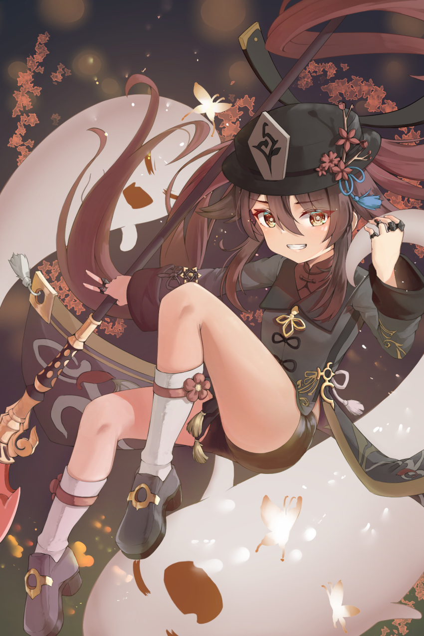 1girl :d ass bangs black_footwear black_shorts boo_tao_(genshin_impact) brown_eyes brown_hair chinese_clothes commentary_request flower genshin_impact ghost grin hair_between_eyes hat hat_flower hat_ornament highres holding holding_staff hu_tao_(genshin_impact) jewelry knee_up kneehighs long_hair long_sleeves looking_at_viewer ring shoes short_shorts shorts sidelocks smile socks staff symbol-shaped_pupils twintails white_socks xiao_xiao_tian