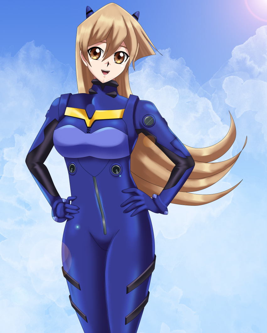 1girl blonde_hair blue_sky cosplay crossover hair_ornament happy long_hair looking_at_viewer neon_genesis_evangelion plugsuit sincity2100 sky soryu_asuka_langley_(cosplay) souryuu_asuka_langley tenjouin_asuka yellow_eyes yu-gi-oh! yuu-gi-ou yuu-gi-ou_gx