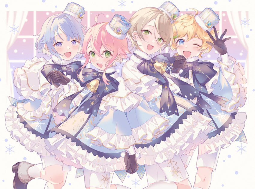 4boys :d ;d ahoge androgynous bangs bell bishounen black_footwear black_gloves blonde_hair blue_bow blue_bowtie blue_eyes blue_hair blue_headwear blush boots bow bowtie brown_hair commentary_request curtains ensemble_stars! frills fur-trimmed_boots fur-trimmed_headwear fur_trim gloves green_eyes hair_between_eyes hand_up harukawa_sora hat himemiya_tori holding_hands kina_(446964) leg_up looking_at_viewer male_focus mini_hat multiple_boys neck_bell one_eye_closed open_mouth parted_bangs pink_hair shino_hajime shiratori_aira_(ensemble_stars!) short_hair short_hair_with_long_locks shorts sidelocks smile snowflakes socks standing standing_on_one_leg swept_bangs tilted_headwear violet_eyes waving white_shorts white_socks window
