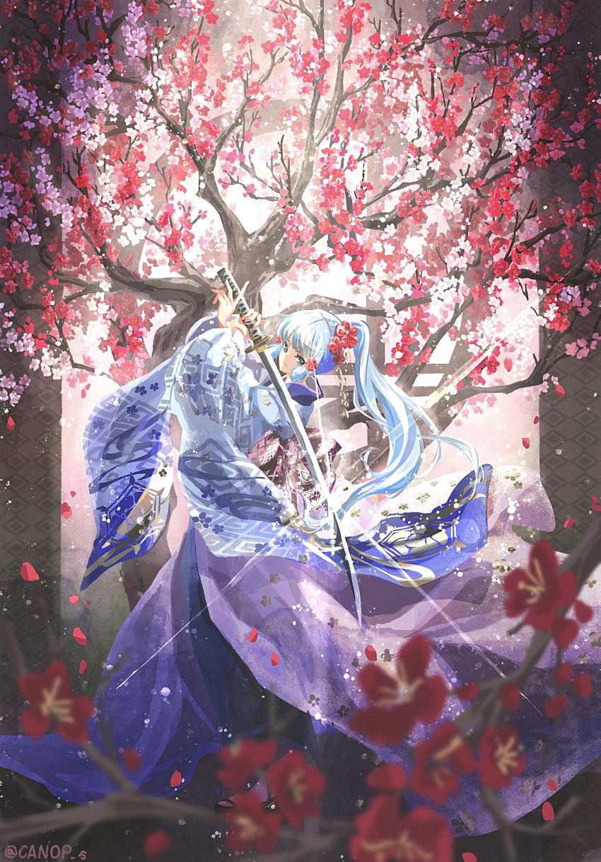 absurdres alternate_costume arms_up blue_eyes blue_hair blue_kimono blurry branch canop_s closed_mouth depth_of_field flower from_side genshin_impact glint hair_flower hair_ornament high_ponytail highres holding holding_sword holding_weapon japanese_clothes kamisato_ayaka kimono light_blue_hair long_hair looking_at_viewer pink_flower purple_kimono red_flower sword tree twitter_username two-tone_kimono very_long_hair weapon wide_sleeves