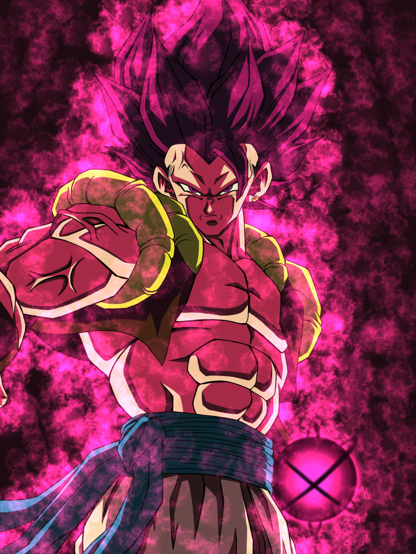 1boy abs absurdres anger_vein aura commentary_request dragon_ball dragon_ball_super earrings energy_ball frown gogeta highres hiro_(udkod1ezlyi2flo) jewelry male_focus metamoran_vest muscular muscular_male no_eyebrows purple_hair serious single_earring solo ultra_ego_(dragon_ball) upper_body violet_eyes