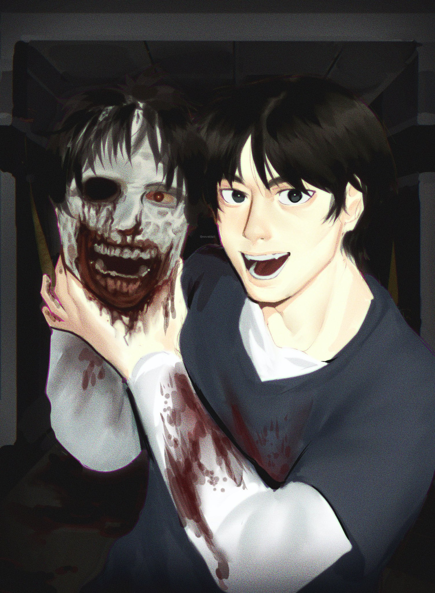 artist_name blood blood_on_clothes blood_on_face blood_on_ground blue_shirt camera_flash concrete disembodied_head eren_yeager fangs guro highres holding_head long_sleeves missing_eye nose novalise1 open_mouth red_eyes shingeki_no_kyojin shirt smile t-shirt teeth white_shirt zombie