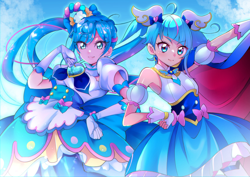 2girls absurdres ahoge apron aqua_eyes armband back_bow bangs blue_bow blue_cape blue_dress blue_eyes blue_hair blue_sky bow brooch cape cape_hold closed_mouth clouds cloudy_sky color_connection commentary cure_sky cure_spicy cut_bangs day delicious_party_precure detached_sleeves diagonal_bangs dress earrings elbow_gloves feather_hair_ornament feathers fingerless_gloves frilled_dress frills fuwa_kokone gloves gradient_hair hair_ornament hand_on_hip heart_brooch highres hirogaru_sky!_precure huge_bow jewelry long_hair looking_at_viewer looking_to_the_side magical_girl medium_dress mitsuki_tayura multicolored_hair multiple_girls outdoors pink_hair precure puffy_detached_sleeves puffy_sleeves red_cape series_connection short_dress short_sleeves side-by-side side_ponytail single_sidelock sky sleeveless sleeveless_dress smile sora_harewataru standing streaked_hair two-sided_cape two-sided_fabric two-tone_hair very_long_hair waist_apron white_gloves wing_hair_ornament