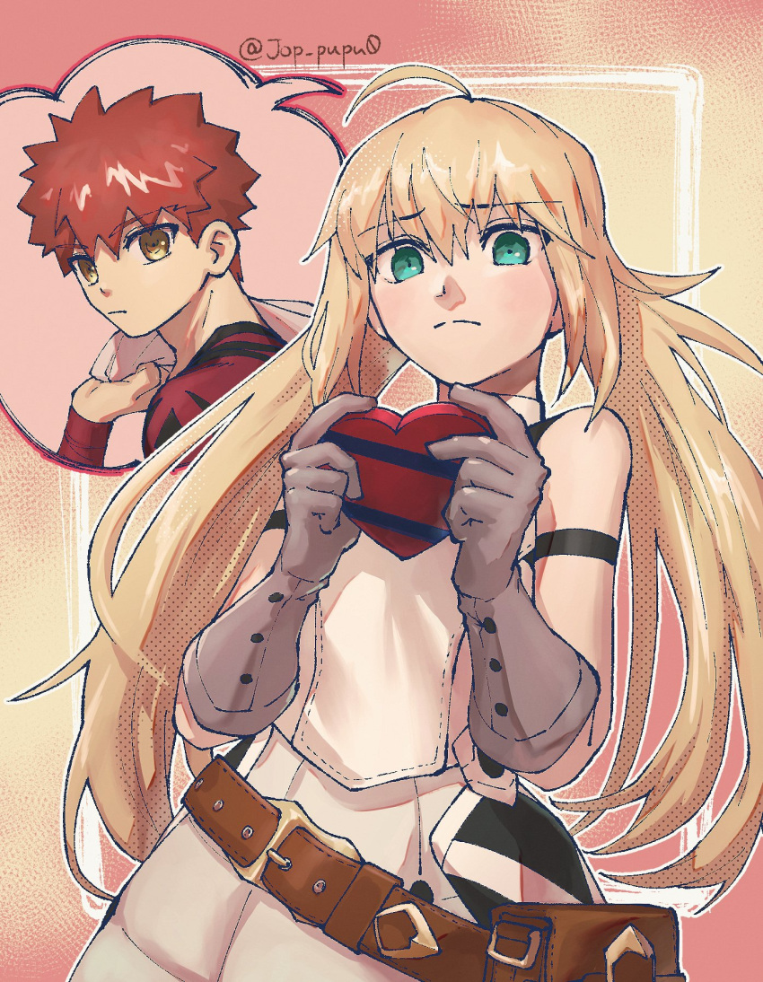 1boy 1girl ahoge artoria_caster_(fate) artoria_caster_(first_ascension)_(fate) artoria_pendragon_(fate) bangs bare_shoulders belt belt_bag blonde_hair blush brown_belt buttons cape collar emiya_shirou fate/grand_order fate_(series) gloves gradient_background green_eyes grey_gloves hair_between_eyes highres holding jop_pupu0 long_hair looking_at_viewer orange_eyes orange_hair senji_muramasa_(fate) short_hair skirt valentine vest wet wet_clothes white_cape white_skirt white_vest