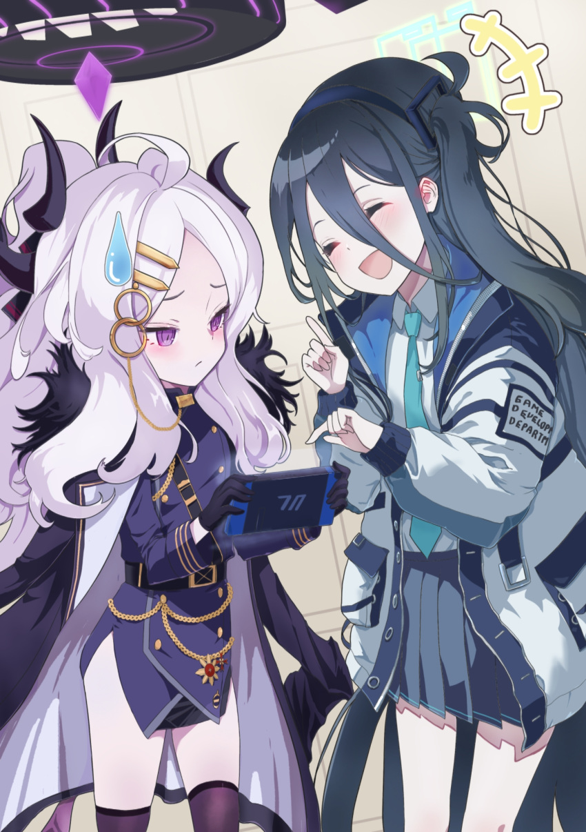 2girls :d ^_^ ^o^ ahoge aris_(blue_archive) bangs belt black_gloves black_hair black_skirt black_thighhighs blue_archive closed_eyes coat coat_on_shoulders collared_shirt commentary_request demon_girl demon_horns demon_wings forehead fur-trimmed_coat fur_trim gloves hair_between_eyes hair_ornament hairband hairclip halo handheld_game_console height_difference highres hina_(blue_archive) holding holding_handheld_game_console hooded_coat horns index_finger_raised long_hair long_sleeves looking_at_another military military_uniform multiple_girls necktie one_side_up oozumi_03 parted_bangs pocket pointing ponytail shirt shoulder_belt side_slit sidelocks simple_background skirt smile thigh-highs uniform violet_eyes white_hair wings zettai_ryouiki