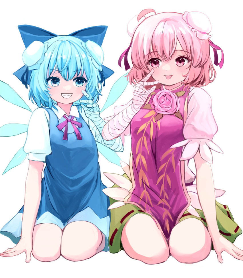 2girls absurdres ahoge alternate_hairstyle bandaged_arm bandages bangs blue_bow blue_dress blue_eyes blue_hair blush bow breasts bun_cover cirno closed_mouth collared_shirt commentary_request double_bun dress flower full_body green_skirt hair_bow hair_bun hair_intakes highres ibaraki_kasen ice ice_wings looking_at_another mikan_(manmarumikan) multiple_girls neck_ribbon open_mouth pinafore_dress pink_eyes pink_flower pink_hair pink_rose red_ribbon ribbon rose seiza shirt short_hair simple_background sitting skirt small_breasts smile tabard teeth tongue tongue_out touhou white_background white_shirt wings