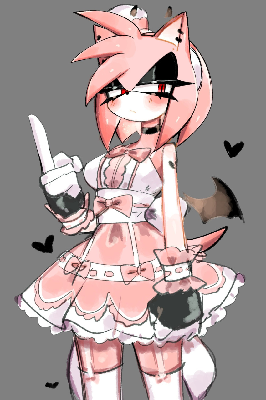 1girl amy_rose animal_ears arm_up black_wings blush bow breasts dress fingerless_gloves furry furry_female gloves grey_background hat headband heart highres looking_to_the_side makeup middle_finger pink_bow pink_hair red_eyes ribbon short_hair sleeveless solo sonic_(series) tail upper_body usa37107692 wings