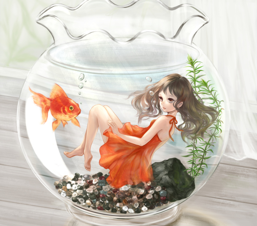 1girl air_bubble bare_back barefoot brown_eyes brown_hair bubble curtains dress fish fishbowl goldfish highres jiji_(kbj0225) orange_dress original pebble ribbon rock serious solo submerged table