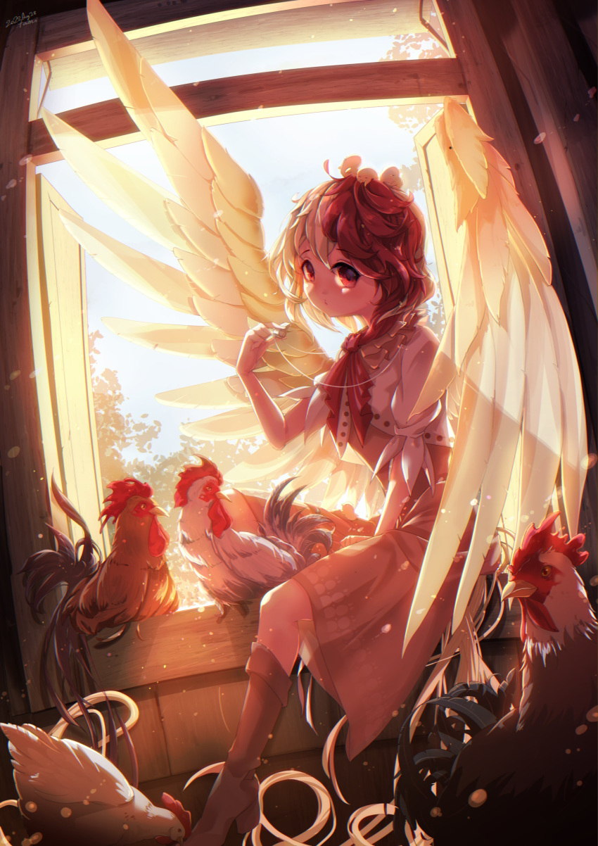 1girl absurdres animal animal_on_head bird bird_on_head bird_tail bird_wings blonde_hair boots brown_footwear chick chicken dress feathered_wings highres holding holding_whistle multicolored_hair niwatari_kutaka noumin_joemanyodw on_head orange_dress red_eyes redhead shirt short_hair short_sleeves solo tail touhou two-tone_hair whistle white_shirt wings yellow_wings