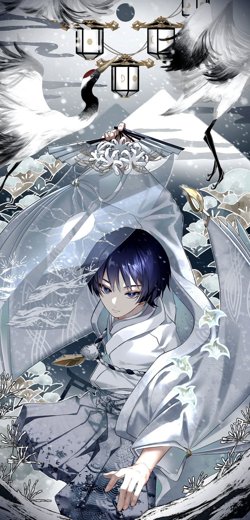 1boy arm_up bangs bird black_eyes black_hair blunt_ends cha_hanare closed_mouth clouds commentary_request crane_(animal) egasumi eyeshadow feathers flower folding_fan genshin_impact grey_background grey_hakama hakama hakama_pants hand_fan haori highres holding holding_fan jacket japanese_clothes kimono lantern leaf long_sleeves looking_at_viewer makeup male_focus open_clothes open_jacket pants parted_bangs pom_pom_(clothes) red_eyeshadow rope scaramouche_(genshin_impact) seigaiha short_hair sidelocks snow snowing solo torii white_flower white_jacket white_kimono wide_sleeves
