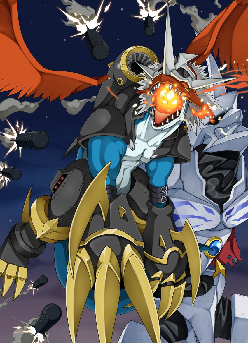 armor belt breathing_fire cannon claws digimon digimon_(creature) fangs fire flying highres horns imperialdramon missile missiles multiple_belts omegamon open_mouth red_eyes shoulder_armor someguy944 weapon white_hair wings