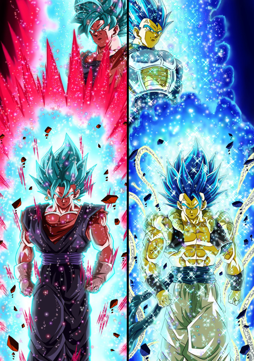 4boys abs anger_vein armor aura blue_eyes blue_hair commentary_request dougi dragon_ball dragon_ball_heroes dragon_ball_super earrings frown gloves gogeta highres hiro_(udkod1ezlyi2flo) jewelry kaiouken male_focus metamoran_vest multiple_boys muscular muscular_male potara_earrings smile son_goku sparkle split_screen super_saiyan super_saiyan_blue super_saiyan_blue_evolved vegeta vegetto white_gloves