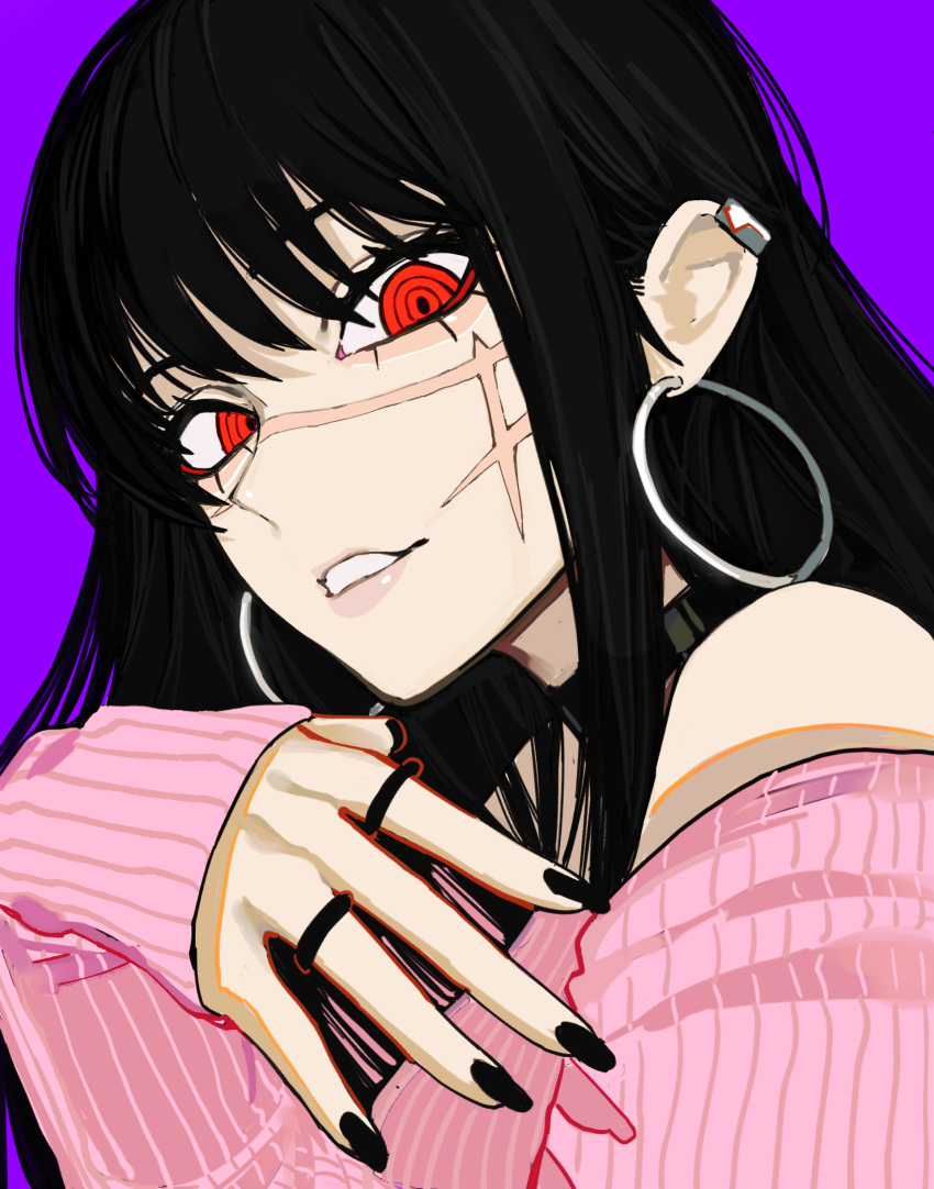 1girl absurdres bangs black_hair black_nails chainsaw_man earrings highres hoop_earrings jewelry long_hair looking_at_viewer off-shoulder_sweater off_shoulder parted_lips pink_sweater purple_background red_eyes ring ringed_eyes sailen0 simple_background sleeves_past_wrists smile solo sweater yoru_(chainsaw_man)