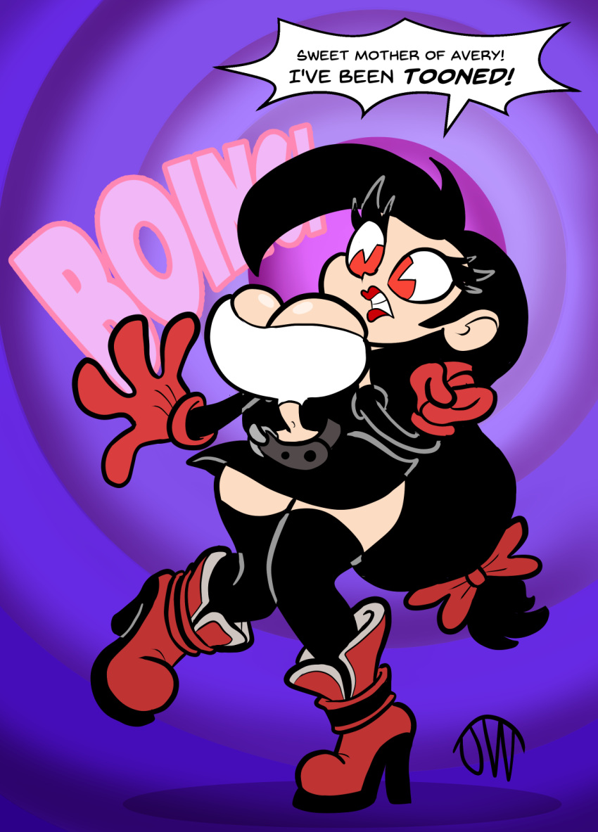 black_hair cartoonized cute final_fantasy finalfantasy heeled_boots joeywaggoner large_breasts long_eyelashes long_hair red_bow red_eyes red_gloves surprised tifa_lockhart wide_hips