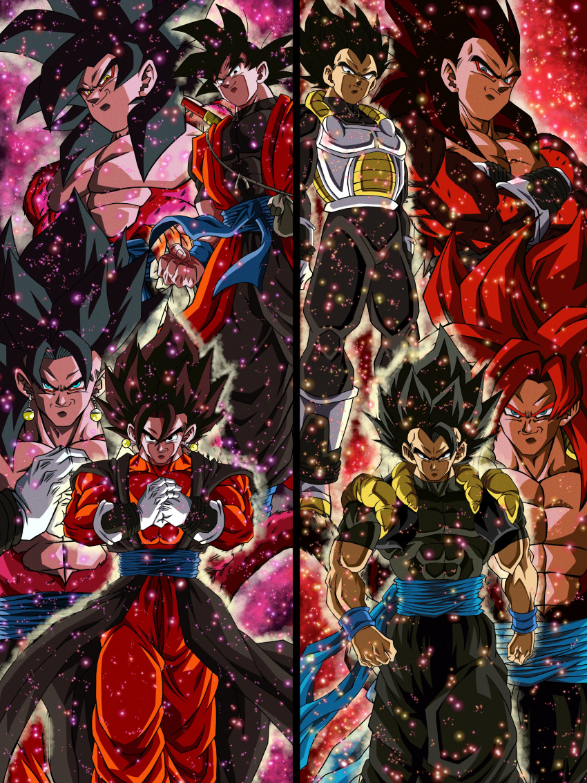 4boys abs absurdres armor aura black_eyes black_hair black_shirt blue_eyes brown_hair clenched_hand commentary_request crossed_arms dragon_ball dragon_ball_heroes dual_persona earrings frown gloves gogeta gogeta_(xeno) highres hiro_(udkod1ezlyi2flo) jewelry male_focus metamoran_vest multiple_boys muscular muscular_male pectorals potara_earrings redhead shirt smile son_goku son_goku_(xeno) super_saiyan super_saiyan_4 t-shirt tight tight_shirt vegeta vegeta_(xeno) vegetto vegetto_(xeno) white_gloves widow's_peak yellow_eyes