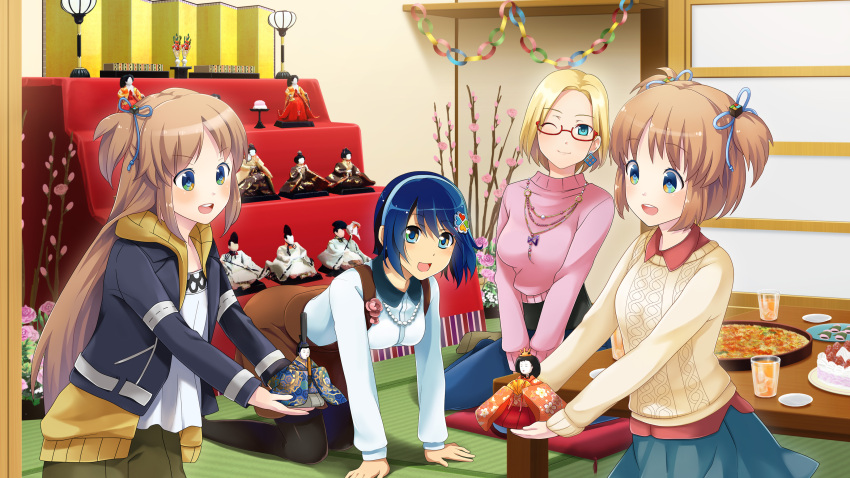 4girls :d ;) absurdres artist_request black_pantyhose blonde_hair blouse blue_eyes blue_hair blue_hairband blue_skirt blush breasts brown_hair brown_skirt brown_socks cake claudia_madobe clover_hair_ornament cup cushion denim doll drinking_glass earrings flower food four-leaf_clover_hair_ornament glasses hair_ornament hair_ribbon hairband highres holding holding_doll jeans jewelry lamp long_hair looking_at_viewer madobe_ai madobe_nanami madobe_yuu medium_breasts microsoft microsoft_windows multicolored_eyes multiple_girls necklace official_art official_wallpaper one_eye_closed open_mouth orange_juice os-tan pants pantyhose pearl_necklace personification pink_flower pink_rose pink_sweater pizza plant ribbon rose shirt short_hair siblings side_ponytail single_earring sisters sitting skirt small_breasts smile socks standing strawberry_cake sweater table white_shirt windows_7 windows_8 windows_azure